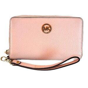 Michael Kors Pink Pebble Leather Zip Around Wristlet Wallet‎ Clutch Gold Logo